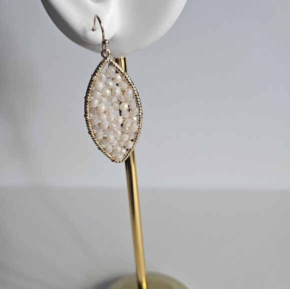 Boho Chic Gold and Cream Beaded Dangle Earrings - Picture 3 of 5